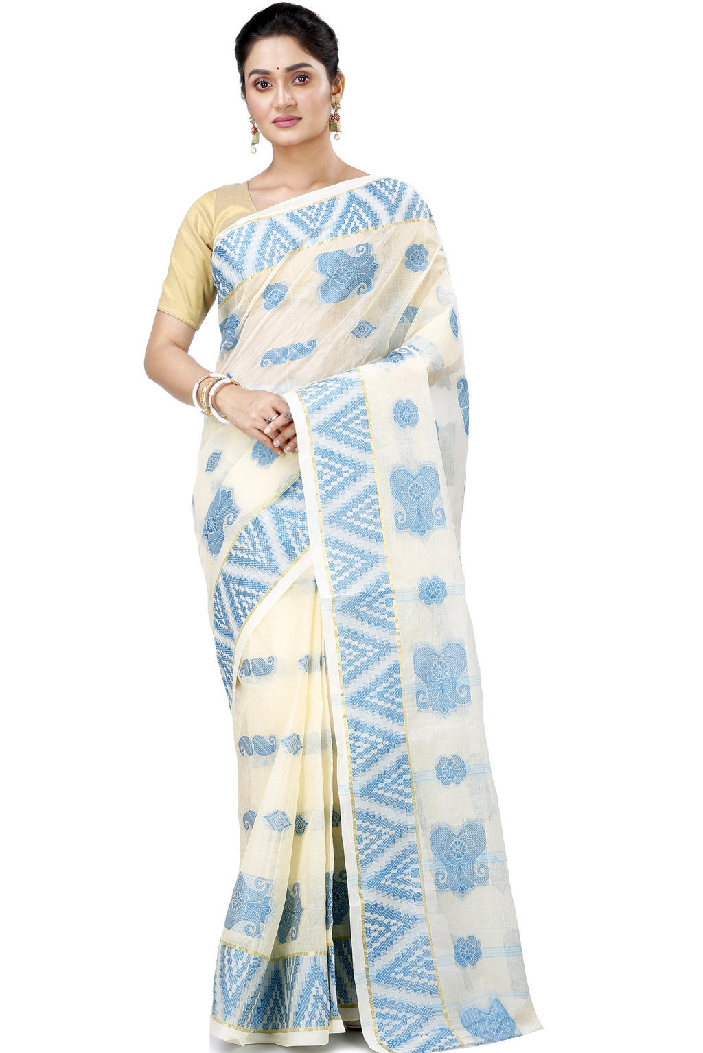 White Sky Blue Pure Cotton Gargi Tant Saree (913)